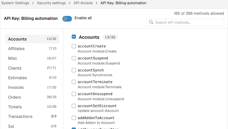API key permissions grouped by area, with allowed-method counts and search